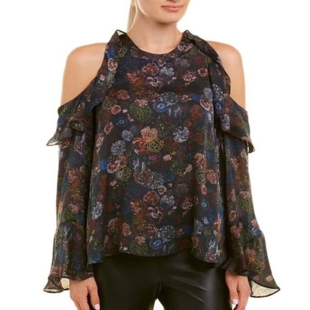 IRO Size 36 Small 100% Silk Floral Cold Shoulder Top Long Ruffled Sleeves Ciclan